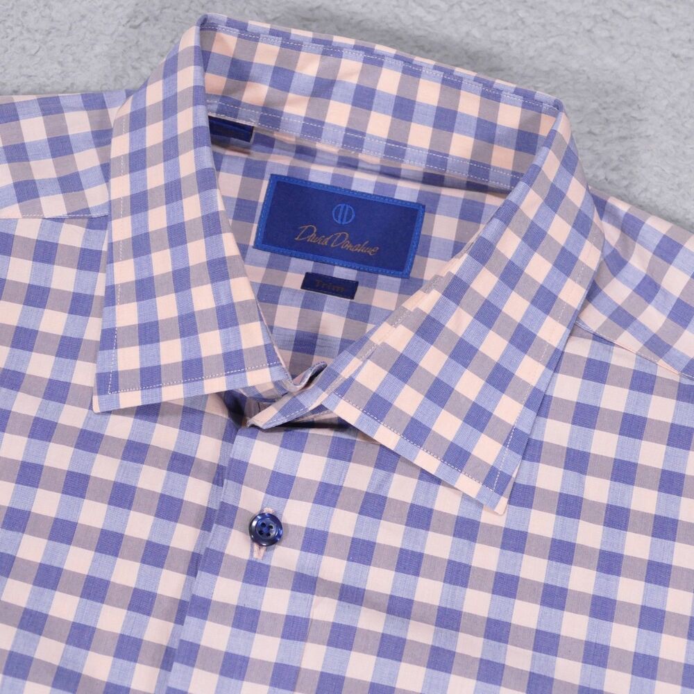 David Donahue Shirt Mens 17 34/35 TRIM FIT Blue Pink Plaid Button Up Long Sleeve